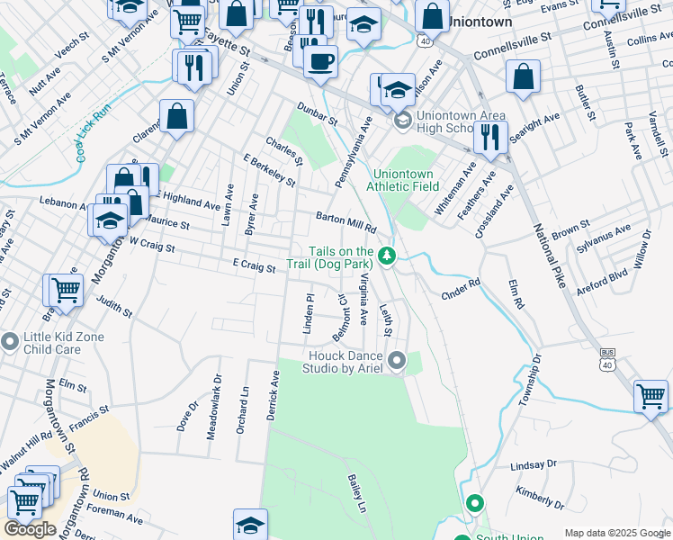 map of restaurants, bars, coffee shops, grocery stores, and more near 51 Country Club Boulevard in Uniontown