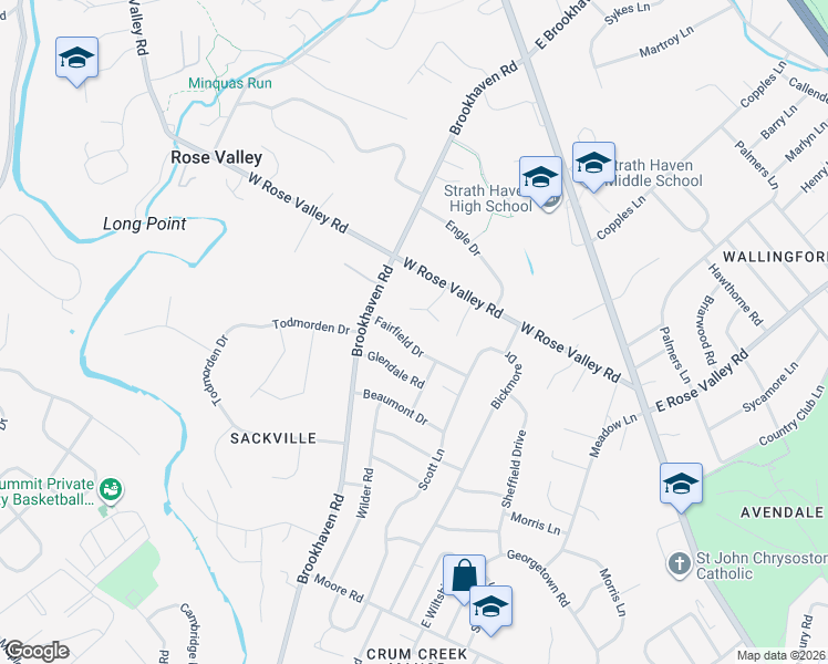 map of restaurants, bars, coffee shops, grocery stores, and more near 205 Fairfield Drive in Nether Providence Township