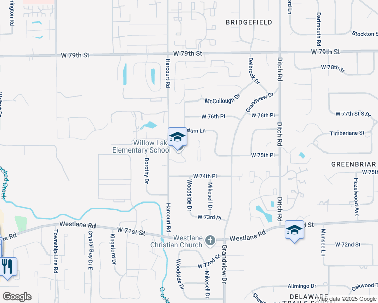 map of restaurants, bars, coffee shops, grocery stores, and more near 7600 Harcourt Road in Indianapolis