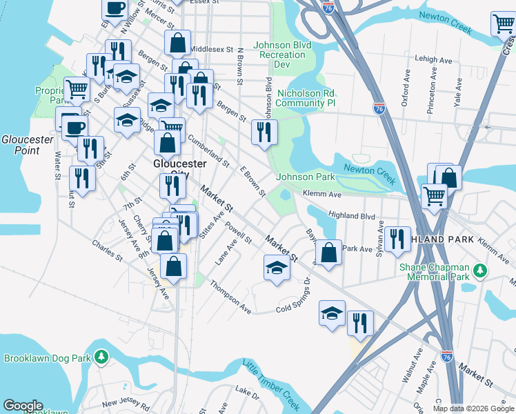 map of restaurants, bars, coffee shops, grocery stores, and more near 905 Ridgeway Street in Gloucester City