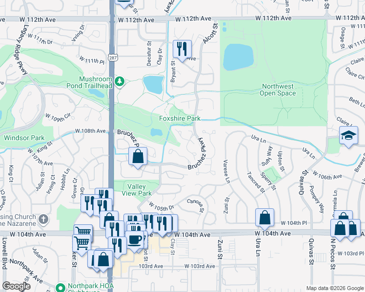 map of restaurants, bars, coffee shops, grocery stores, and more near 2605 West 107th Place in Westminster
