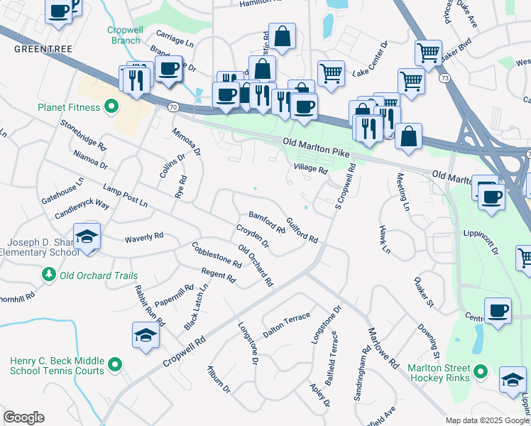 map of restaurants, bars, coffee shops, grocery stores, and more near 627 Bamford Road in Cherry Hill