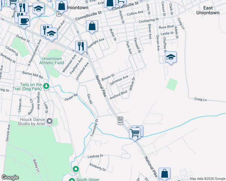 map of restaurants, bars, coffee shops, grocery stores, and more near 125 Sylvanus Avenue in Uniontown