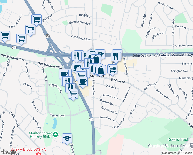map of restaurants, bars, coffee shops, grocery stores, and more near in Evesham