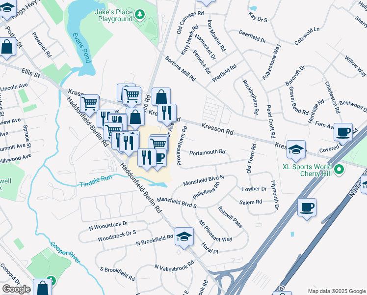 map of restaurants, bars, coffee shops, grocery stores, and more near 300 Portsmouth Road in Cherry Hill