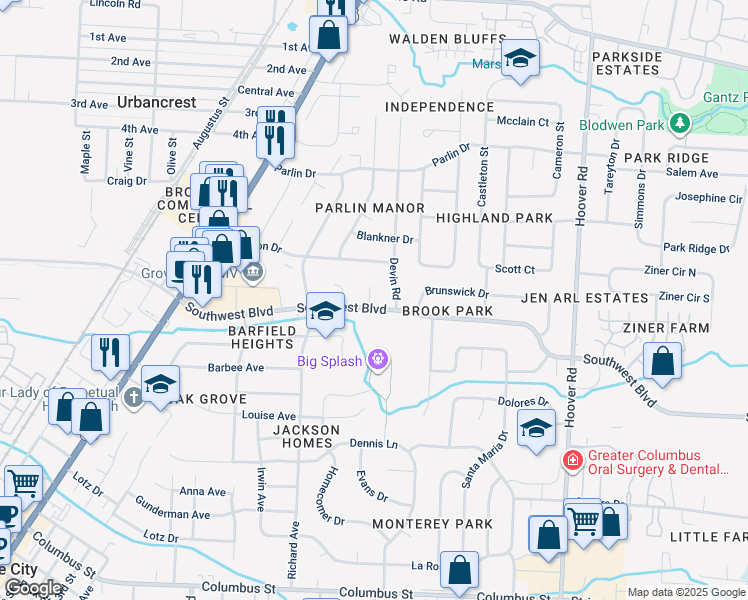 map of restaurants, bars, coffee shops, grocery stores, and more near 3556 Canter Court in Grove City