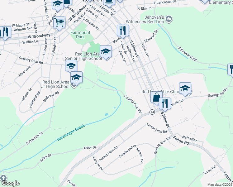 map of restaurants, bars, coffee shops, grocery stores, and more near 150 Country Club Road in Red Lion