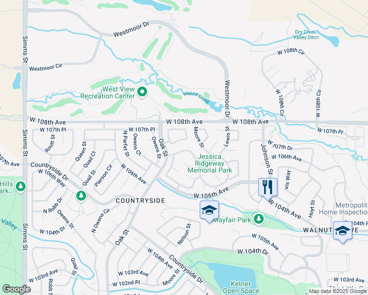map of restaurants, bars, coffee shops, grocery stores, and more near 10720 West 107th Circle in Westminster