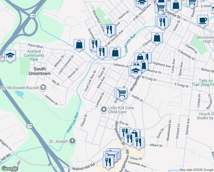map of restaurants, bars, coffee shops, grocery stores, and more near 25 Brooke Street in Uniontown