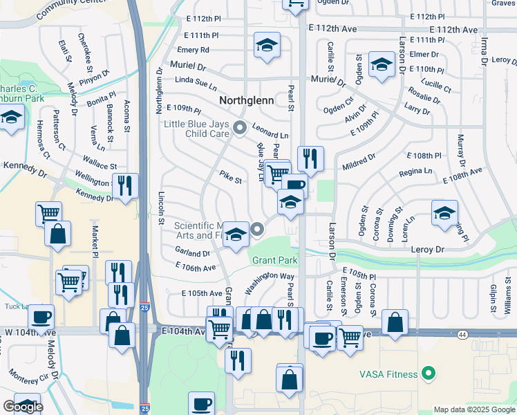 map of restaurants, bars, coffee shops, grocery stores, and more near 10731 Blue Jay Lane in Northglenn