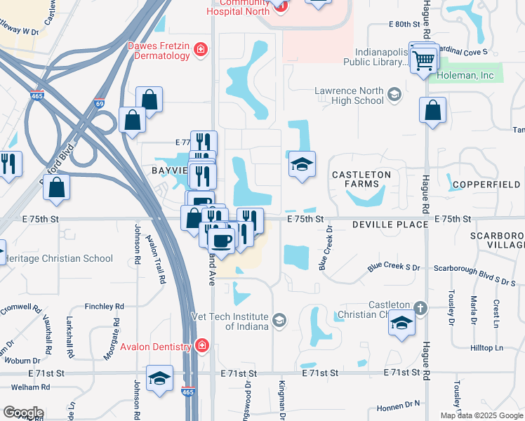 map of restaurants, bars, coffee shops, grocery stores, and more near 7138 Constitution Drive in Indianapolis