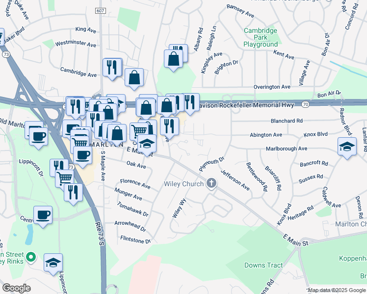 map of restaurants, bars, coffee shops, grocery stores, and more near 501 Stillhouse Lane in Evesham