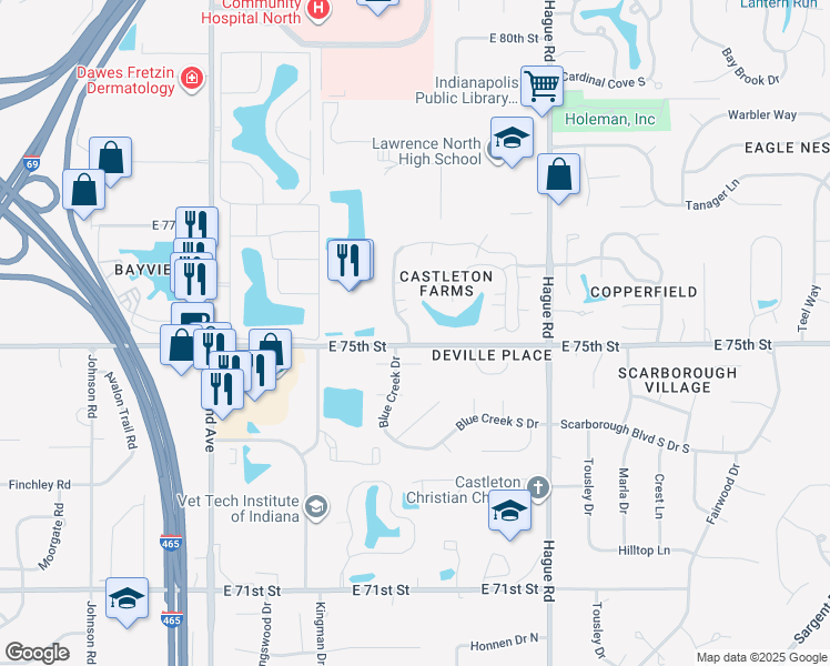 map of restaurants, bars, coffee shops, grocery stores, and more near 7511 Castleton Farms West Drive in Indianapolis