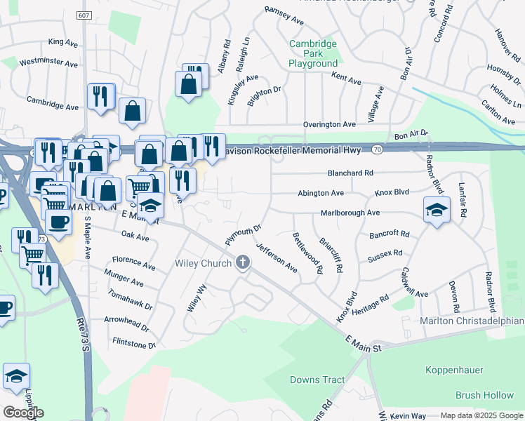 map of restaurants, bars, coffee shops, grocery stores, and more near 21 Plymouth Drive in Evesham
