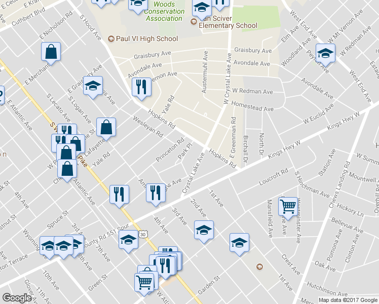 map of restaurants, bars, coffee shops, grocery stores, and more near 222 Park Place in Audubon