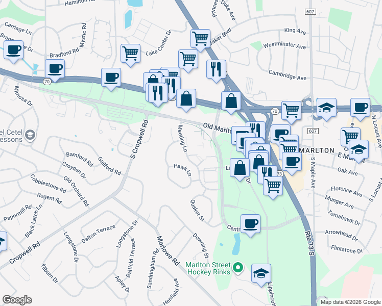 map of restaurants, bars, coffee shops, grocery stores, and more near 67 Cyder Court in Evesham