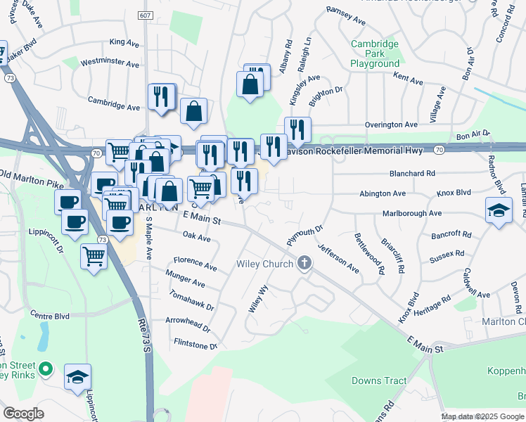 map of restaurants, bars, coffee shops, grocery stores, and more near 501 Stillhouse Lane in Evesham