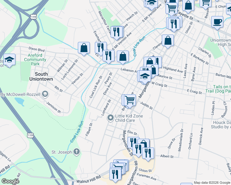 map of restaurants, bars, coffee shops, grocery stores, and more near 25 Brooke Street in Uniontown