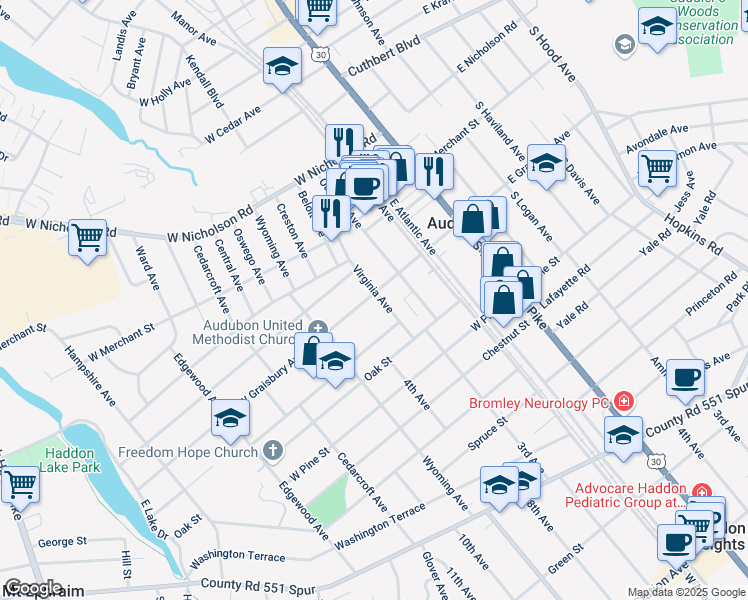 map of restaurants, bars, coffee shops, grocery stores, and more near 200 Virginia Avenue in Audubon
