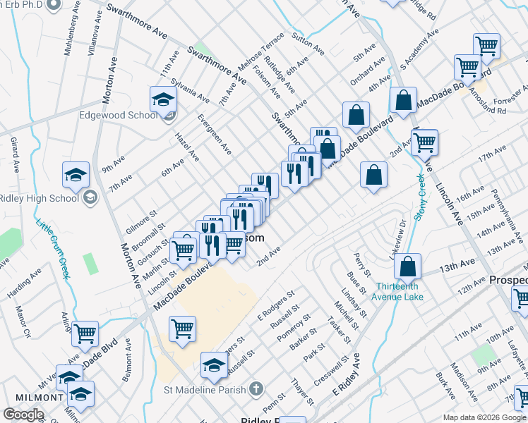 map of restaurants, bars, coffee shops, grocery stores, and more near 701 MacDade Boulevard in Folsom