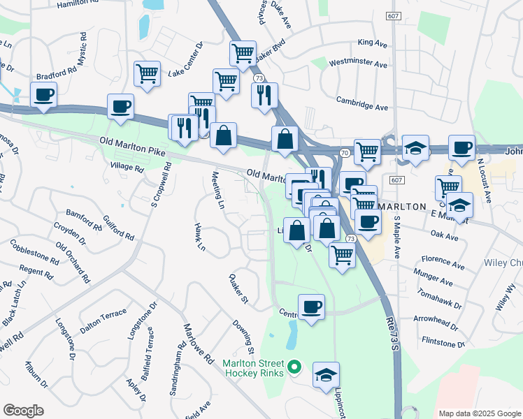 map of restaurants, bars, coffee shops, grocery stores, and more near 198 Hunter Court in Evesham