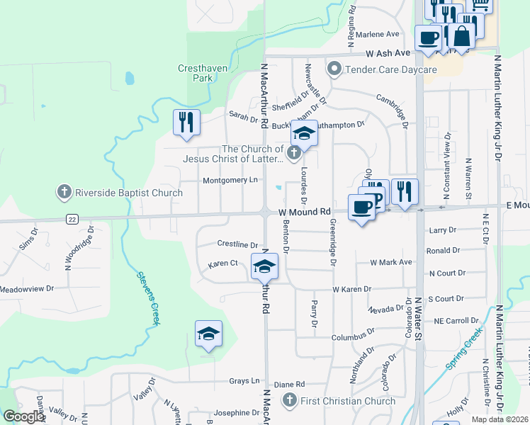 map of restaurants, bars, coffee shops, grocery stores, and more near 598 West Mound Road in Decatur