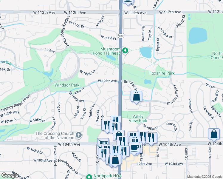 map of restaurants, bars, coffee shops, grocery stores, and more near 3023 West 107th Place in Westminster