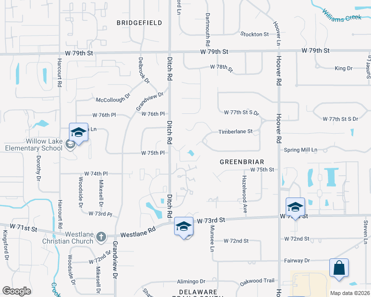 map of restaurants, bars, coffee shops, grocery stores, and more near 1254 West 75th Court Terrace in Indianapolis