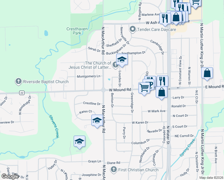 map of restaurants, bars, coffee shops, grocery stores, and more near 501 West Mound Road in Decatur