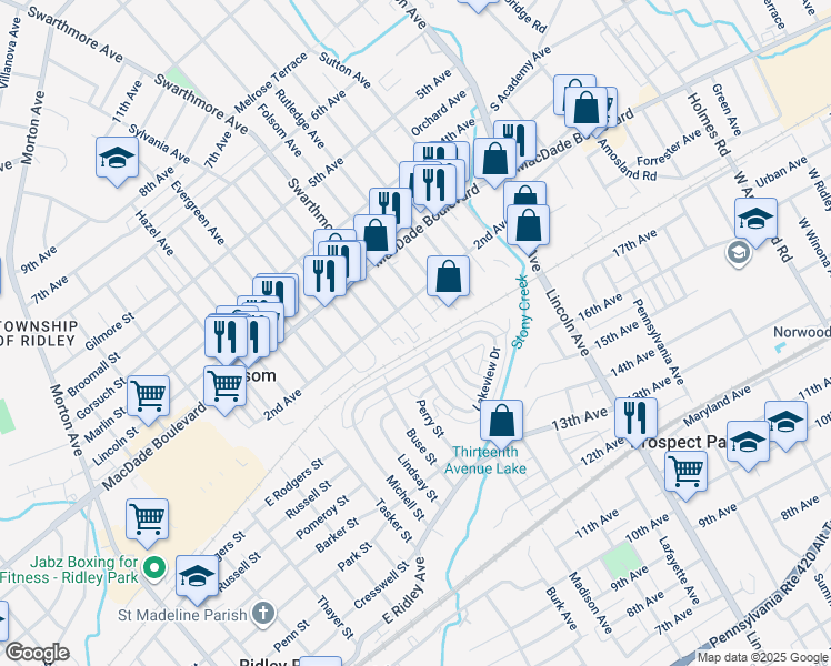 map of restaurants, bars, coffee shops, grocery stores, and more near 121 Swarthmore Avenue in Folsom