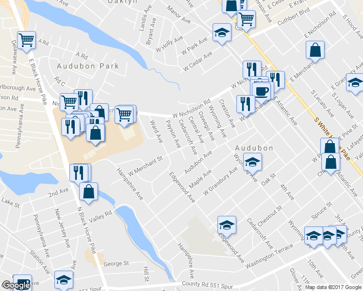 map of restaurants, bars, coffee shops, grocery stores, and more near 61 Payson Avenue in Audubon
