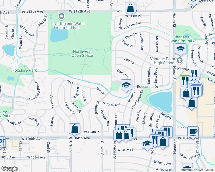 map of restaurants, bars, coffee shops, grocery stores, and more near 10711 North Pecos Street in Northglenn