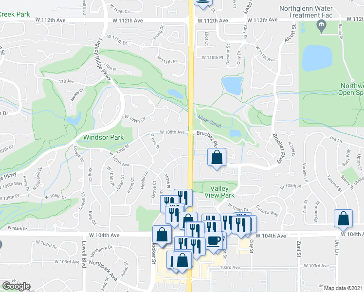 map of restaurants, bars, coffee shops, grocery stores, and more near 3009 West 107th Place in Westminster