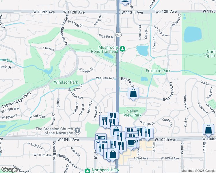 map of restaurants, bars, coffee shops, grocery stores, and more near 3023 West 107th Place in Westminster