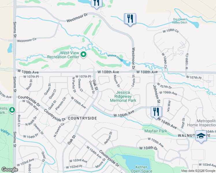 map of restaurants, bars, coffee shops, grocery stores, and more near 10720 West 107th Circle in Westminster