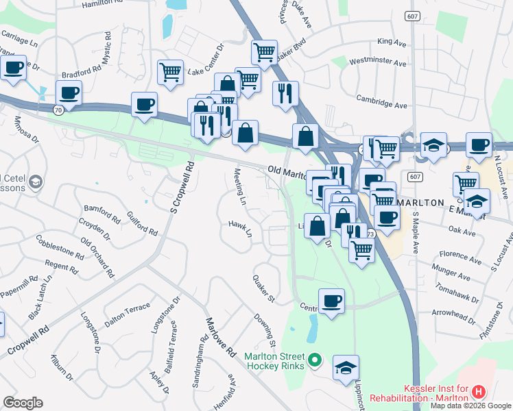 map of restaurants, bars, coffee shops, grocery stores, and more near 67 Cyder Court in Evesham