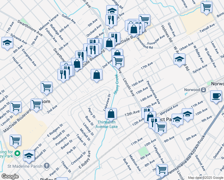 map of restaurants, bars, coffee shops, grocery stores, and more near 6 Lakeview Circle in Ridley Park