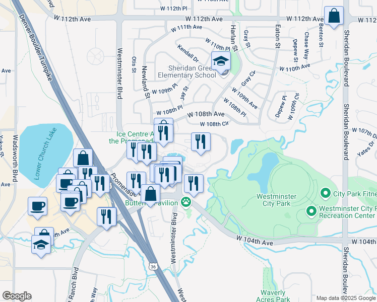 map of restaurants, bars, coffee shops, grocery stores, and more near 6300 Promenade Drive North in Westminster