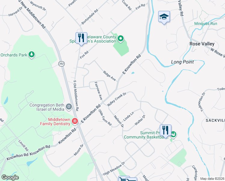 map of restaurants, bars, coffee shops, grocery stores, and more near 123 East Knowlton Road in Media