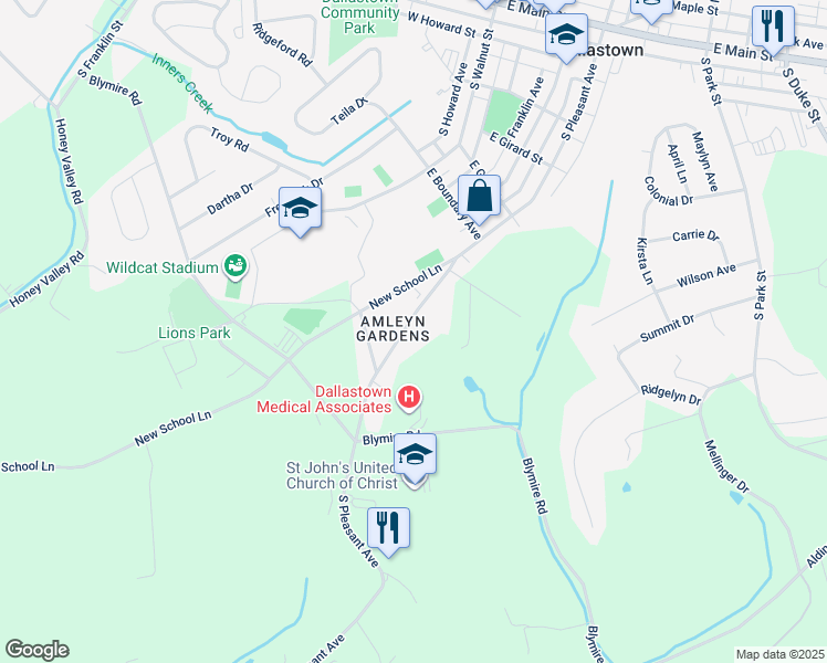 map of restaurants, bars, coffee shops, grocery stores, and more near 645 South Pleasant Avenue in Dallastown