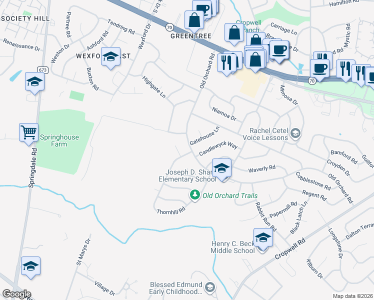 map of restaurants, bars, coffee shops, grocery stores, and more near 2 Thornhill Road in Cherry Hill