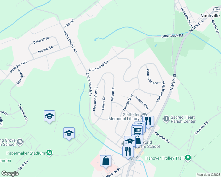 map of restaurants, bars, coffee shops, grocery stores, and more near 1328 Village Drive in Spring Grove