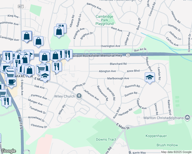 map of restaurants, bars, coffee shops, grocery stores, and more near 11 Marlborough Avenue in Evesham