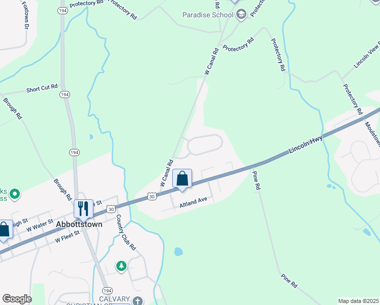 map of restaurants, bars, coffee shops, grocery stores, and more near 7680 Green Ridge Ln. in Abbottstown