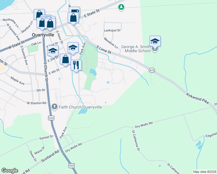 map of restaurants, bars, coffee shops, grocery stores, and more near 403 Park Avenue in Quarryville