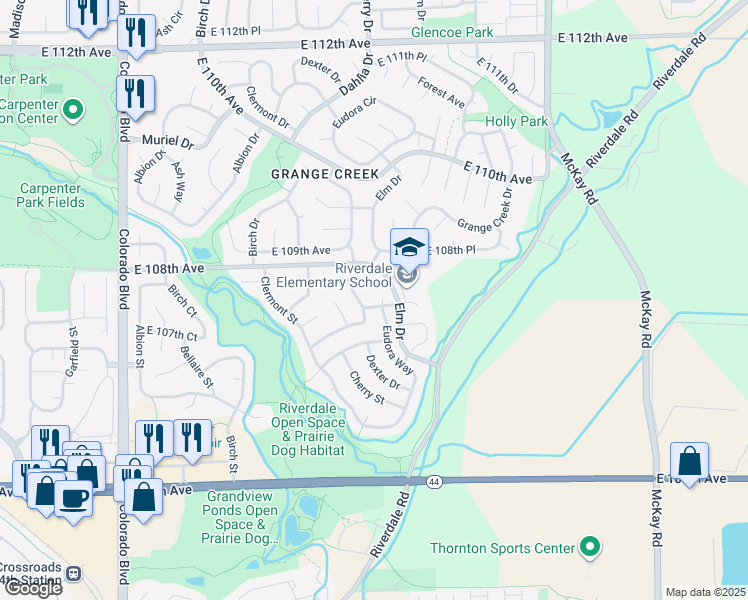 map of restaurants, bars, coffee shops, grocery stores, and more near 10745 Eudora Circle in Thornton
