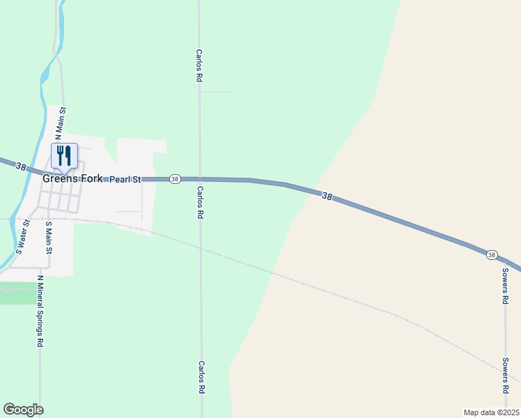 map of restaurants, bars, coffee shops, grocery stores, and more near 8095 State Route 38 in Greens Fork
