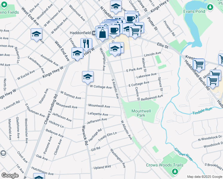 map of restaurants, bars, coffee shops, grocery stores, and more near 10 West Cottage Avenue in Haddonfield
