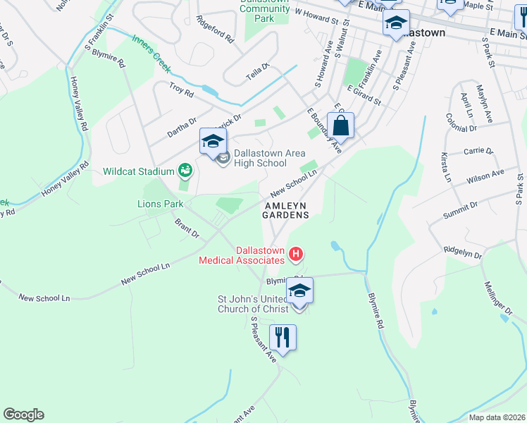 map of restaurants, bars, coffee shops, grocery stores, and more near 210 Melvale Road in Dallastown