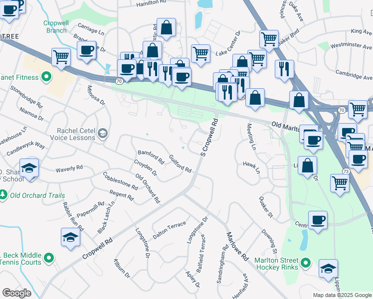 map of restaurants, bars, coffee shops, grocery stores, and more near 311 Hawthorne Street in Evesham Township
